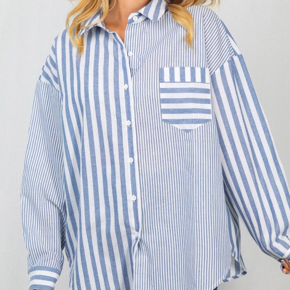 new WHITE BIRCH WOVEN BUTTON DOWN SHIRT BLOUSE western boho stripe blue SM-4X